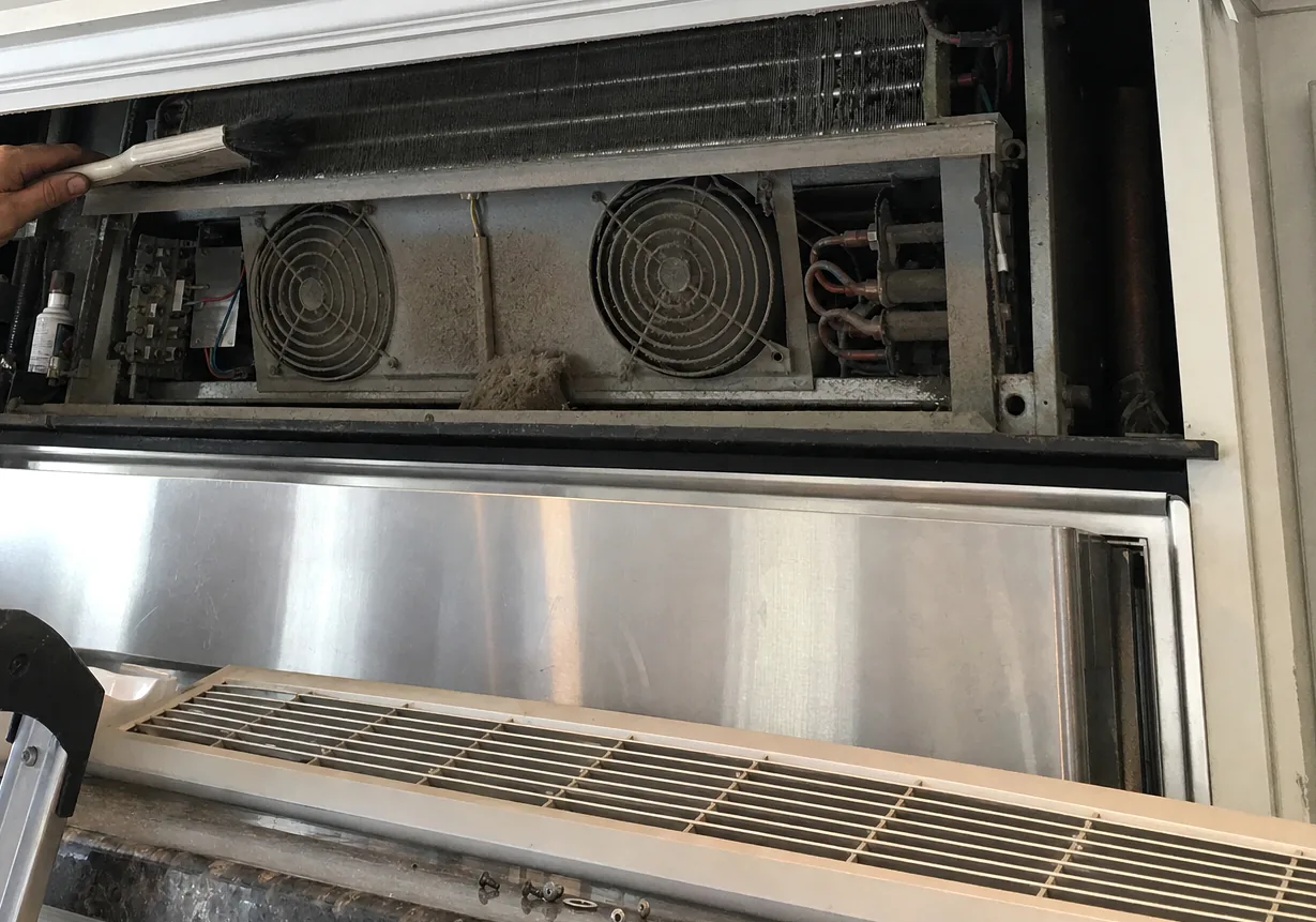 An opened overhead service grille on a refrigeration cabinet with the fan assemblies and coil visible, a stepladder edge in the foreground