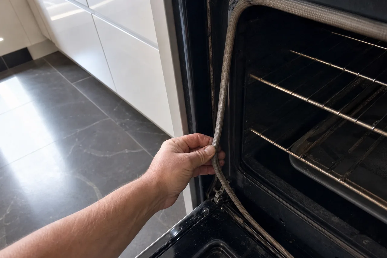 A hand drawing the braided door gasket away from the front frame of an open oven, wire racks inside, with glossy white cabinets and dark stone floor tiles behind