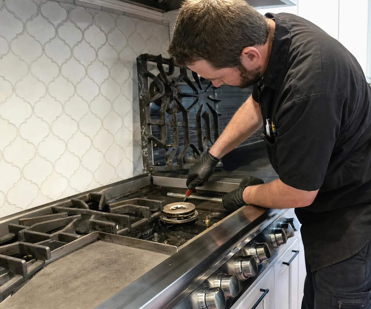 A stainless range under service in a home kitchen, one burner head lifted out and the technician working directly into the opening