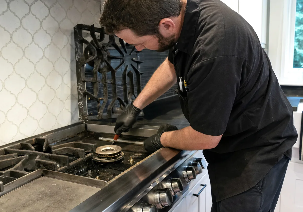 A stainless range with the cast-iron grates lifted and a single burner head exposed, the technician working at the igniter position