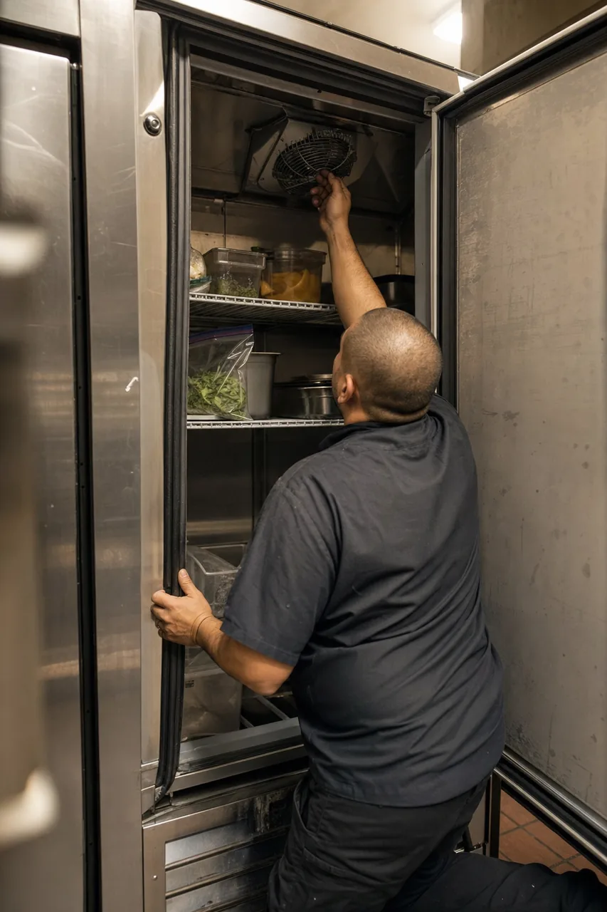 A technician reaching up into the top of an open upright refrigerator to the evaporator cover, shelves of stored containers below