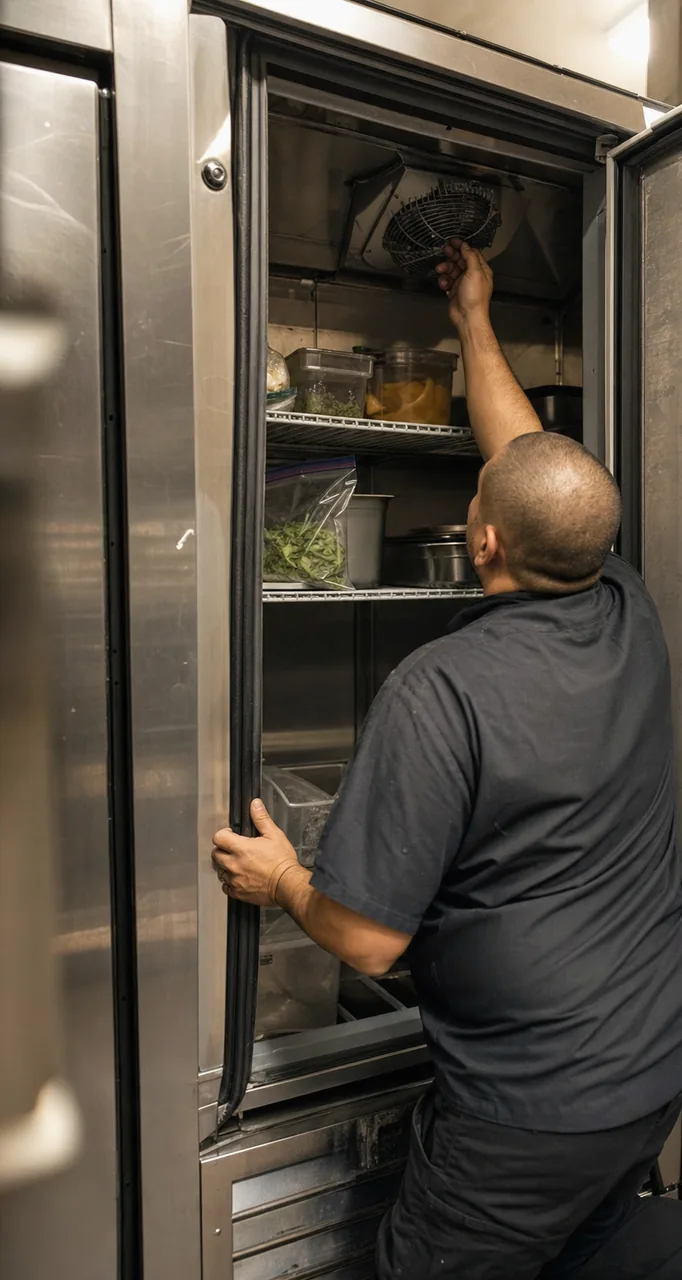 An open refrigerator cabinet from the front, shelves of stored food and the technician’s arm raised into the upper compartment