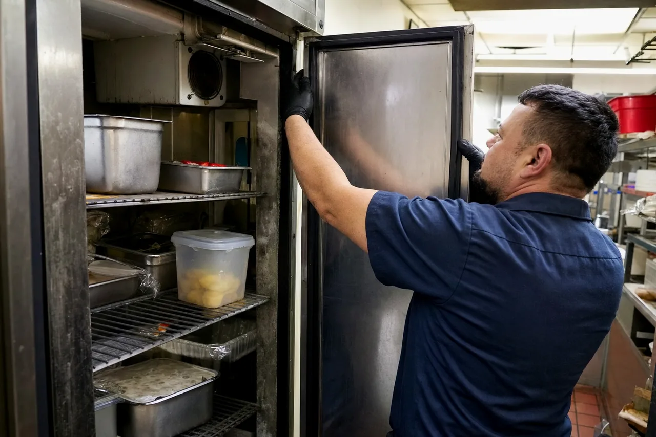 A stainless upright refrigerator standing open in a narrow galley, its interior lit and a technician steadying the door edge