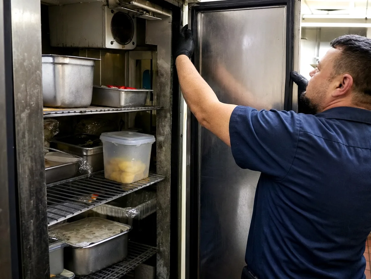 A technician steadying an open refrigerator door while checking the shelf and gasket line inside a bright kitchen