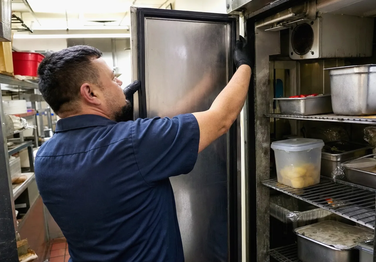 A tall stainless refrigerator door swung fully open against a run of cabinetry, the gap between cabinet and appliance visible along the hinge side